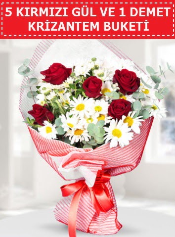 5 adet kırmızı gül ve krizantem buketi  Zonguldak çiçek satışı 